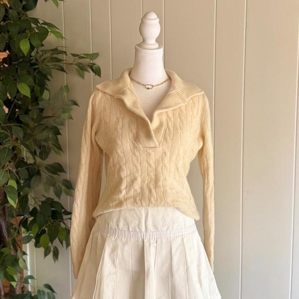 Evelyn Grace Cashmere Cable Knit V-Neck Sweater Cream Women's Size Medium
